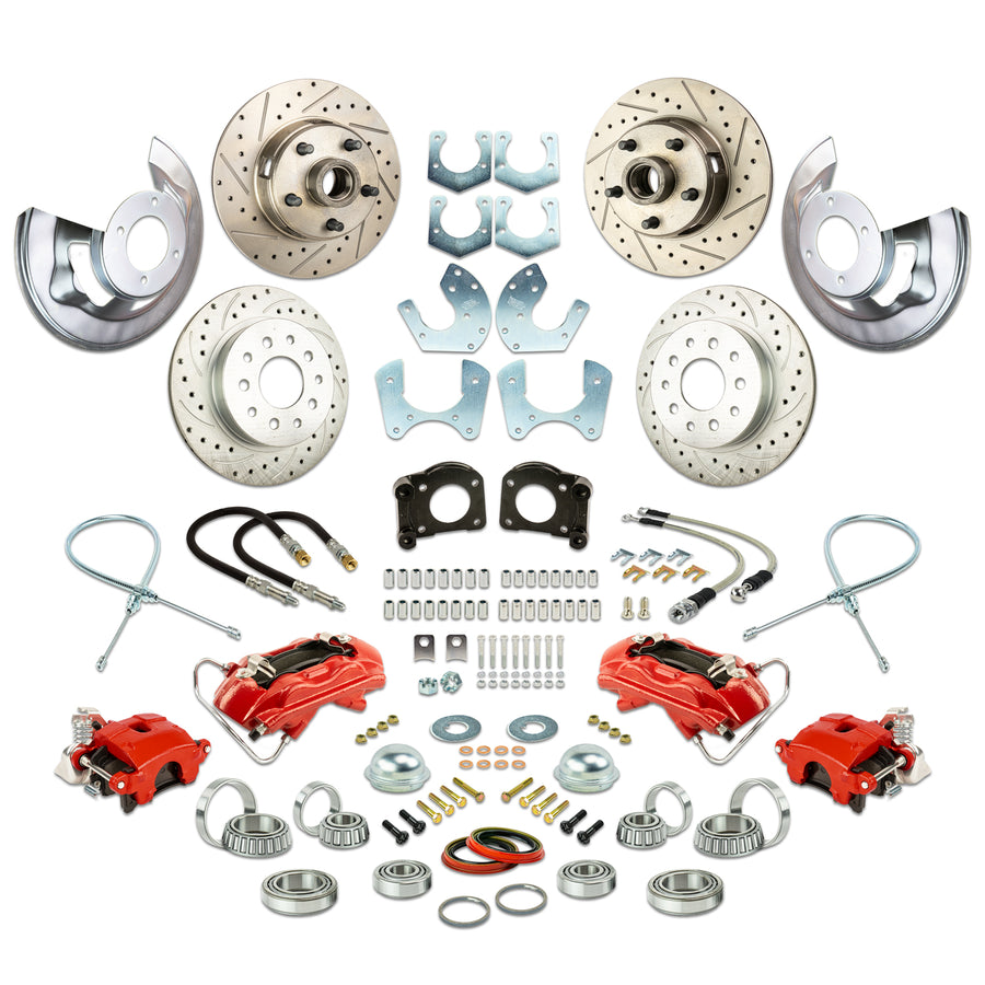 The Right Stuff 1964-73 Ford 4 Wheel Disc At-The-Wheel Conv Kit, Small Ford 9" or 8" Rear End, Drilled/Slotted Rotors, Red Calipers - (ZWK6455Z)