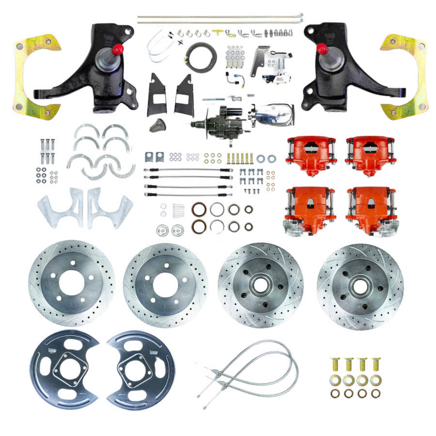 The Right Stuff 73-87 C10/C15 Truck/Sub 2" Drop Chrome Hydraulic Brake Assist 4-Wheel Disc Kit Red Calipers - (THB7355DZX)