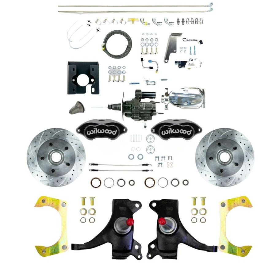 The Right Stuff 1971-72 GM C10/C15 Truck/Sub, 2" Drop Performance Series, Chrome Hydraulic Brake Assist Disc Brake Kit with Black Wilwood Calipers, Drilled and Slotted Rotors, Stainless Hoses, Chrome Upper Assembly - (THB7125DBXP)