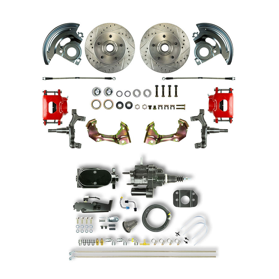 The Right Stuff 64-72 Chevelle/GM A-Body Black Hydraulic Brake Assist 2" Drop Front Disc Conv Red Calipers - (AFXHB01DZY)