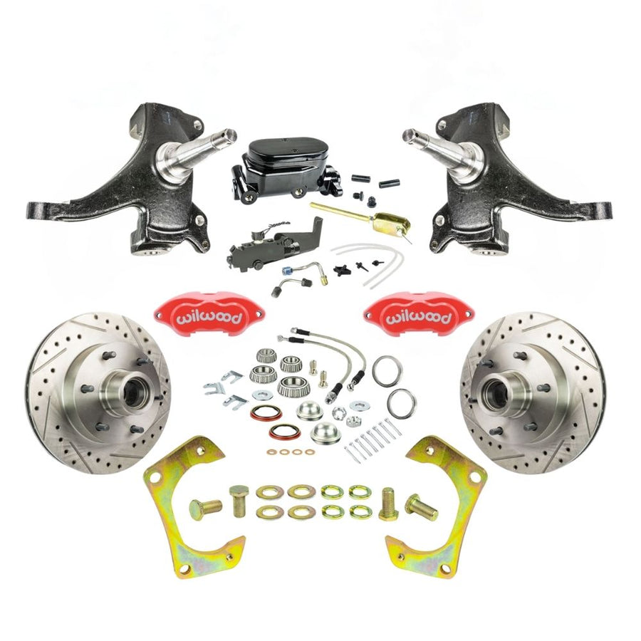The Right Stuff 1960-62 Chevy/GMC Truck/Sub Performance Series 2" Drop, Standard Front Disc Brake Conversion Kit, Red Wilwood Calipers, Drilled and Slotted Rotors, Stainless Hoses, and Black Booster Master Assembly - (TSD6016DZYP)