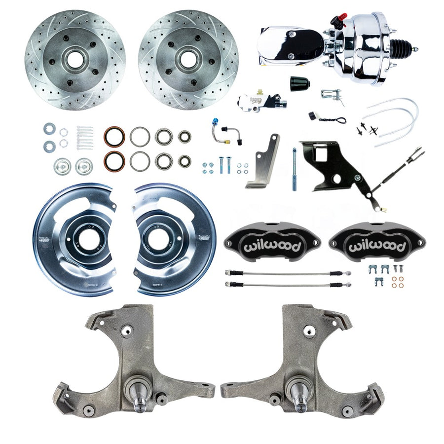 The Right Stuff 1967-70 Chevy C10/15 Truck/Sub, Power Performance Series Front Disc Kit Black Wilwood Calipers, Drilled and Slotted Rotors, Braided Stainless Hoses, and Chrome Booster Master Assembly 5x5 Bolt Pattern - (TDC6725BXP)