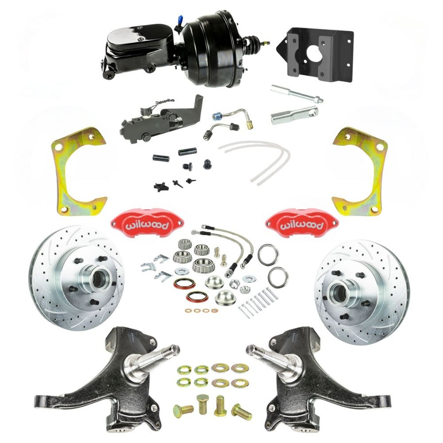 The Right Stuff 1960-62 Chevy/GMC Truck/Sub 2" Drop, Perrformance Series Power Front Disc Kit Red Wilwood Calipers, Drilled and Slotted Rotors, Braided Stainless Hoses, and Black Booster Master Assembly 5x5 - (TDC6015DZYP)