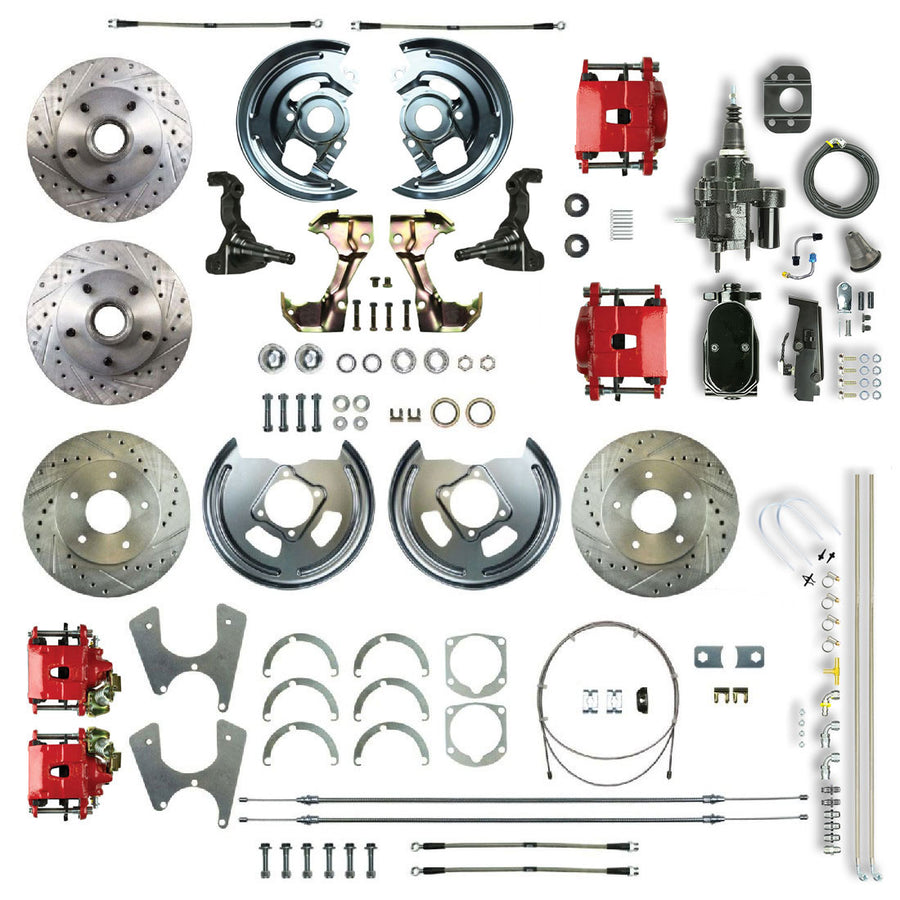 The Right Stuff 67-74 GM A/F/X Staggered 4 Wheel Black Hydraulic Brake Assist 2 Drop Disc Conv Red Caliper - (AFXHB45DZY)