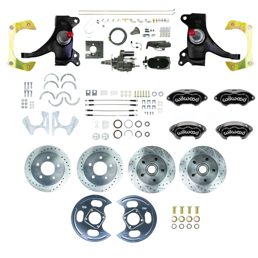 The Right Stuff 1971-72 C10/15 Truck/Suburban 2" Drop Black Hydraulic Brake Assist 4-Wheel Disc Brake Kit with Black Wilwood Calipers, Drilled and Slotted Rotors, Braided Stainless Hoses, and Black Upper Assembly - (THB7155DBYP)