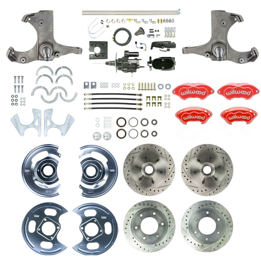 The Right Stuff 1967-70 GM/Chevy C10/15 Truck/Suburban 2WD Hydraulic Brake Assist 4-Wheel Disc Kit, Red Wilwood Calipers, Drilled and Slotted Rotors, Braided Stainless Hoses, and Black Upper Assembly, 6 Lug - (THB6756ZYP)