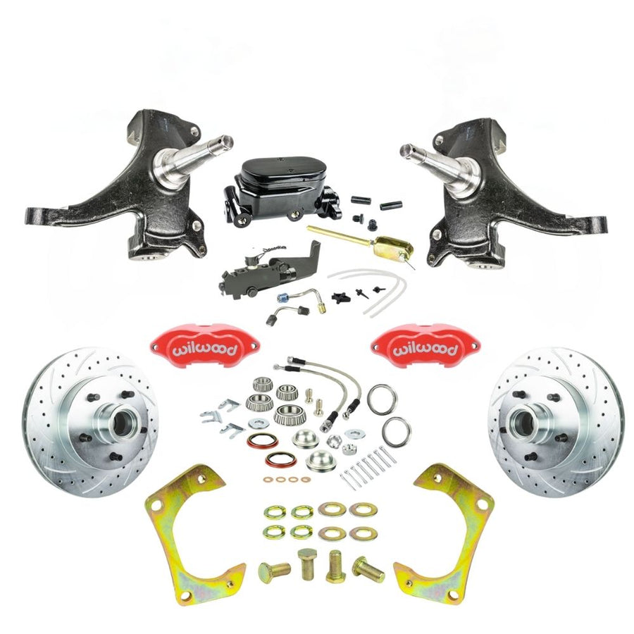 The Right Stuff 1960-62 Chevy/GMC Performance Series 2" Drop, Standard Front Disc Brake Conversion, Red Wilwood Calipers, Drilled and Slotted Rotors, Braided Stainless Hoses, and Black Booster Master Assembly - (TSD6015DZYP)