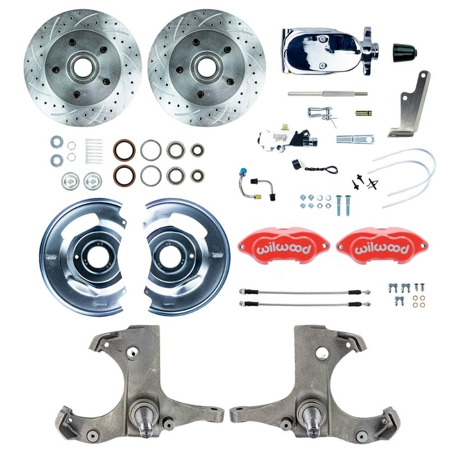 The Right Stuff 1963-70 Chevy/GMC Truck/Suburban, Manual Front Disc Brake Kit with Red Wilwood Calipers, Drilled and Slotted Rotors, Braided Stainless Hoses, and Chrome Booster Master Assembly, 5 Lug - (TSD6315ZXP)