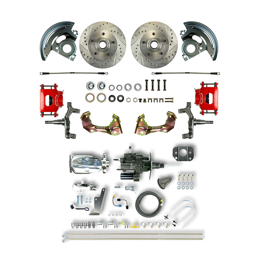 The Right Stuff 64-72 Chevelle/GM A-Body Chrome Hydraulic Brake Assist 2" Drop Front Disc Conv Red Calipers - (AFXHB01DZX)