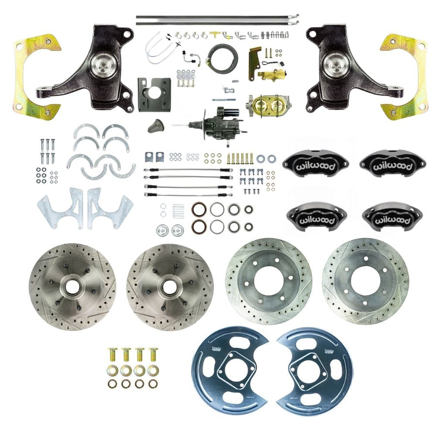 The Right Stuff 1967-70 GM/Chevy C10/C15 Truck/Sub 2" Drop, Performance Series Hydraulic Brake Assist 4-Wheel Disc Brake Kit Red Wilwood Calipers, Drilled and Slotted Rotors, and Braided Stainless Hoses 6x5.5 - (THB6756DZP)