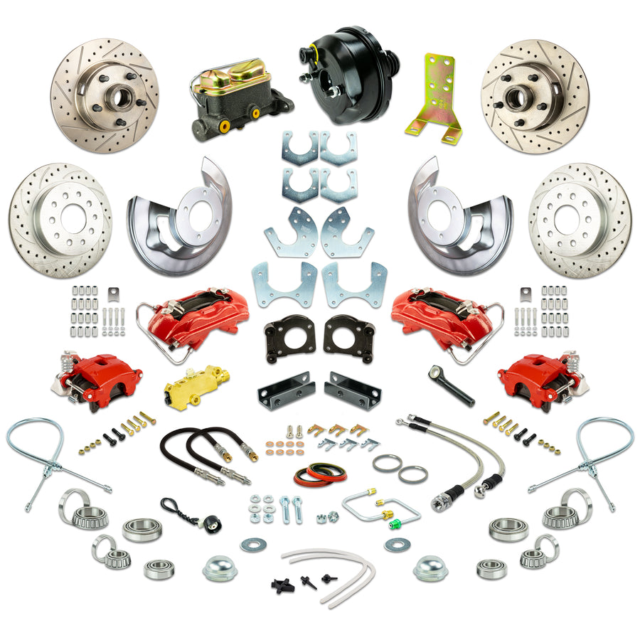 The Right Stuff 1964-66 Ford Power 4 Wheel Disc Conv Kit, with Small Ford 9" or 8" Rear End, Drilled/Slotted Rotors, Red Calipers - (ZDC6455Z)