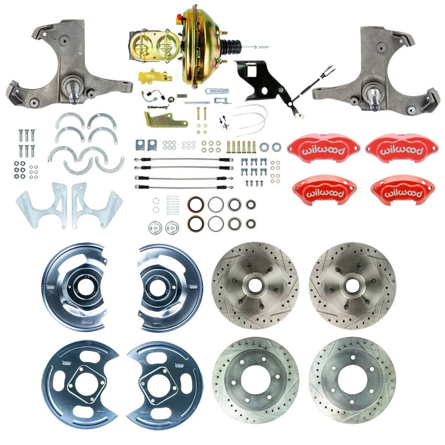 The Right Stuff 1967-70 GM/Chevy C10/C15 Truck/Suburban 2WD, Performance Series Power 4-Wheel Disc Brake Kit, Red Wilwood Calipers, Drilled and Slotted Rotors, and Braided Stainless Hoses 6x5.5 Bolt Pattern - (TDC6756ZP)
