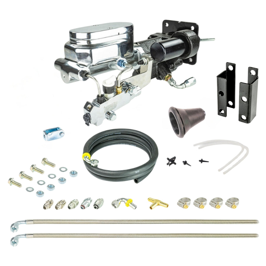 The Right Stuff 1955-58 Full Size Chevy Chrome Hydro Boost & Master Cylinder Combination Kit with Stainless Hoses Disc/Drum - (JHB555171)