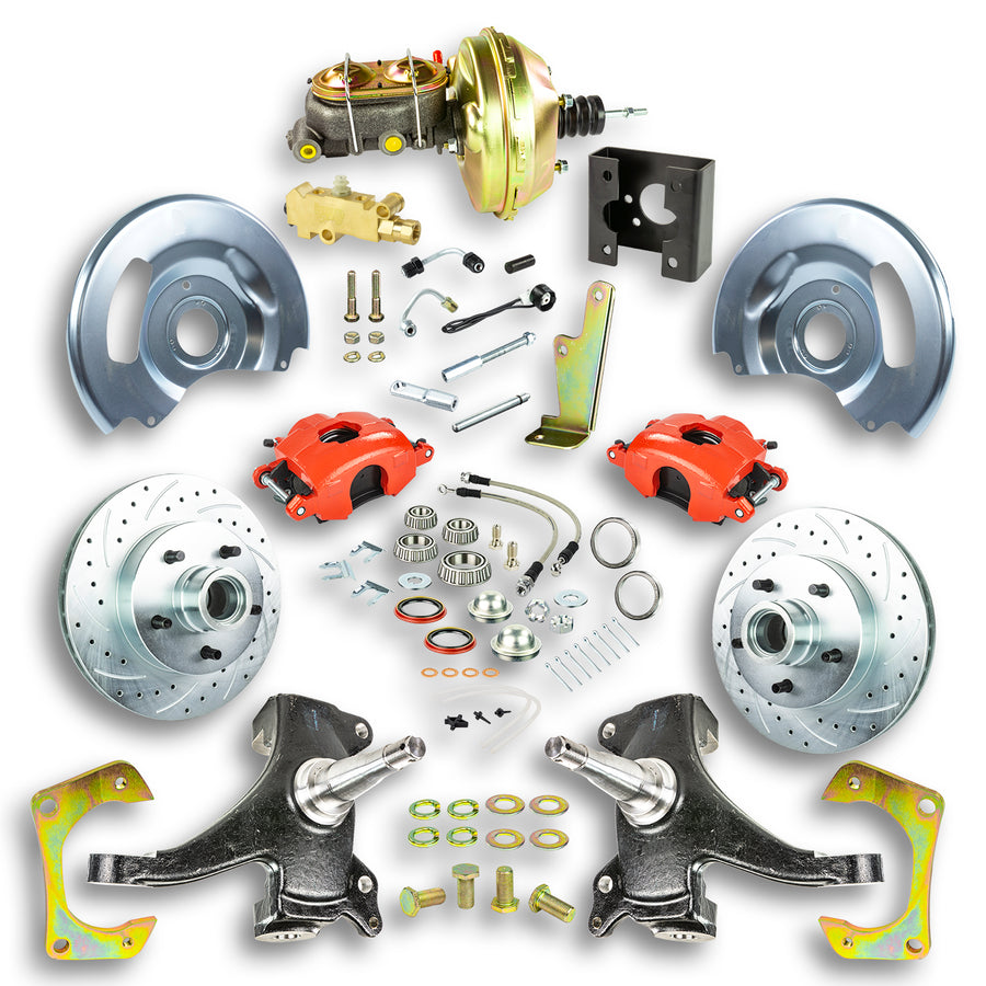 The Right Stuff 63-66 Chevy/GMC Truck/Sub, 2" Drop, Pwr Front Disc Brake Kit w/Red Calipers 5x5 Bolt Pattern - (TDC6325DZ)