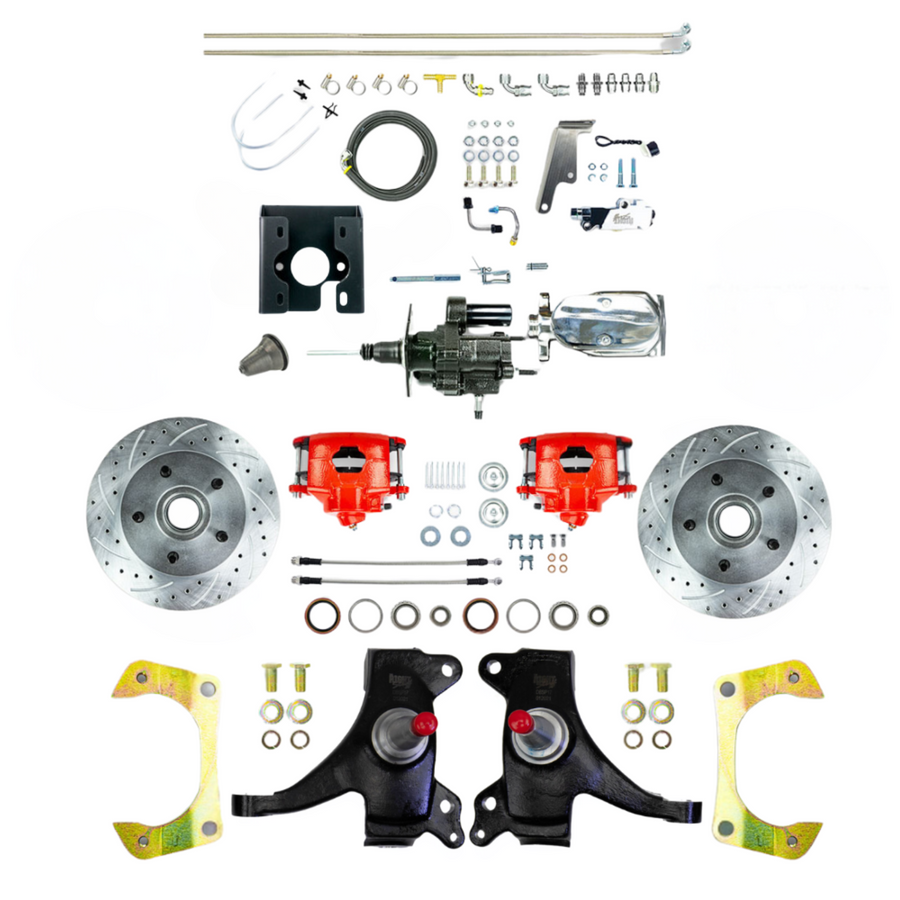 The Right Stuff 71-72 GM C10/C15 Truck/Suburban 2" Drop Chrome Hydraulic Brake Assist Disc Kit Red Calipers - (THB7125DZX)