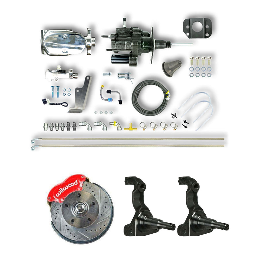 The Right Stuff 64-74 GM A/F/X Body, Front Chrome Hydraulic Brake Assist Disc Brake Conversion Red Calipers - (AFXHB32ZX)