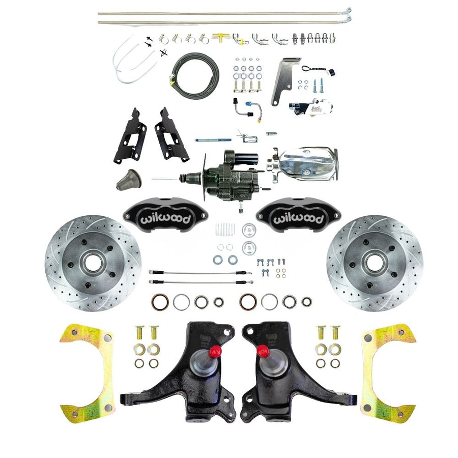 The Right Stuff 1973-87 GM C10/C15 Truck/Sub, 2WD, 2" Drop Performance Series Chrome Hydraulic Brake Assist Disc Kit, with Black Wilwood Caliper, Drilled and Slotted Rotors, Stainless Hoses, and Chrome Upper Assembly - (THB7325DBXP)