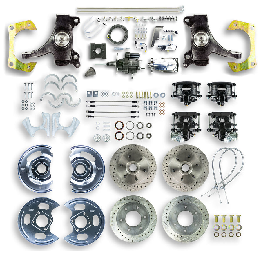 The Right Stuff 63-66 C10-15 Truck/Sub 2" Drop Chrome Hydraulic Brake Assist 4-Wheel Disc Conv Blk Calipers - (THB6356DBX)