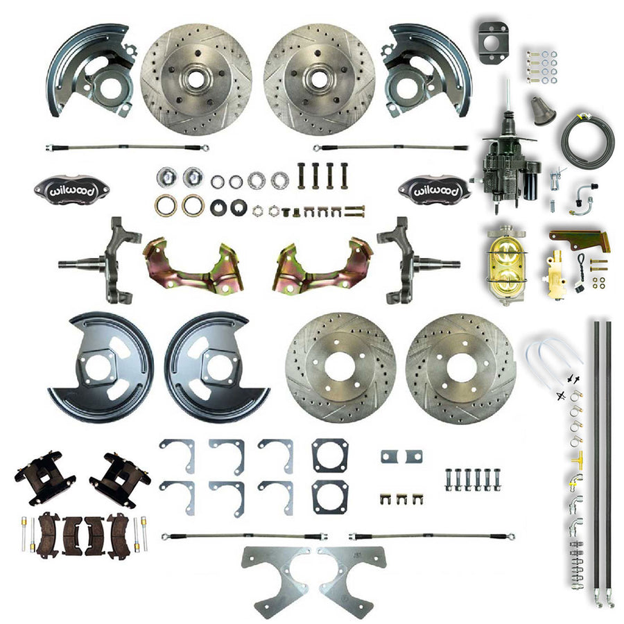 The Right Stuff 67-69 GM F-Body Non-Staggered 4 Wheel Hydraulic Brake Assist 2 Drop Disc Conv Blk calipers - (AFXHB22DS)