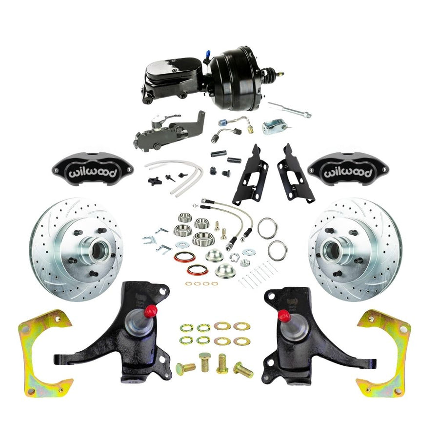 The Right Stuff 1973-87 GM C10/C15 Truck/Suburban, 2WD, 2" Drop Performance Series Power Front Disc Brake Kit, with Black Wilwood Calipers, Drilled and Slotted Rotors, Stainless Hoses, Black Booster Master Assembly - (TDC7325DBYP)
