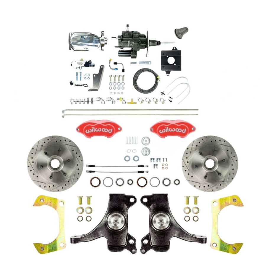 The Right Stuff 1960-62 Chevy/GMC Truck/Suburban Hydraulic Brake Assist Performance Series 2" Drop Front Disc Brake Conversion Kit, Red Wilwood Calipers, Drilled and Slotted Rotors, and Chrome Upper Assembly - (THB6016DZXP)