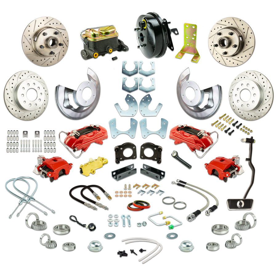 The Right Stuff 1967-69 Ford Power 4 Wheel Disc Conv Kit, with Small Ford 9" or 8" Rear End, Drilled/Slotted Rotors, Red Calipers - (ZDC6758Z)