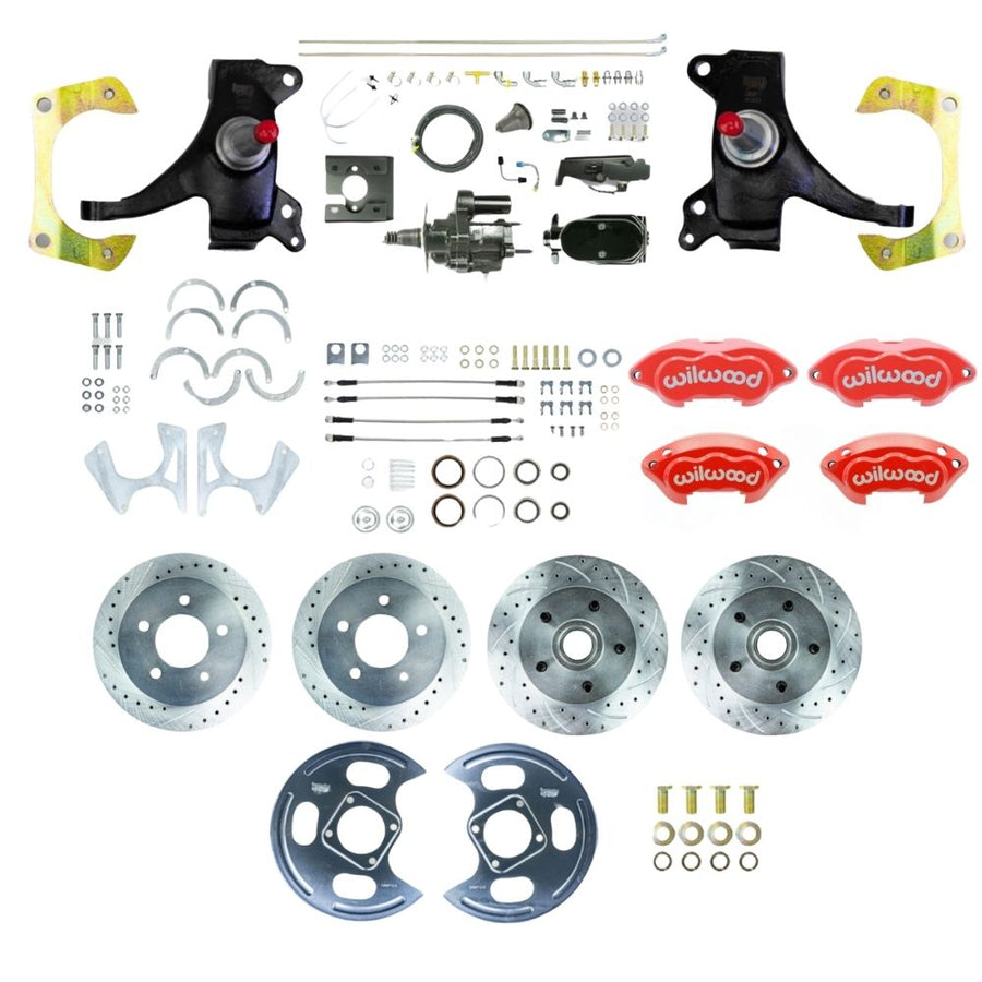 The Right Stuff 1971-72 C10/15 Truck/Suburban 2" Drop Black Hydraulic Brake Assist 4-Wheel Disc Brake Kit with Red Wilwood Calipers, Drilled and Slotted Rotors, Braided Stainless Hoses, and Black Upper Assembly - (THB7155DZYP)