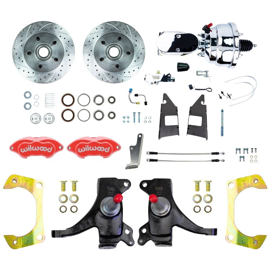 The Right Stuff 1973-87 GM C10/C15 Truck/Suburban, 2WD, 2" Drop Performance Series Power Front Disc Brake Kit, with Red Wilwood Calipers and Chrome Upper - (TDC7325DZXP)