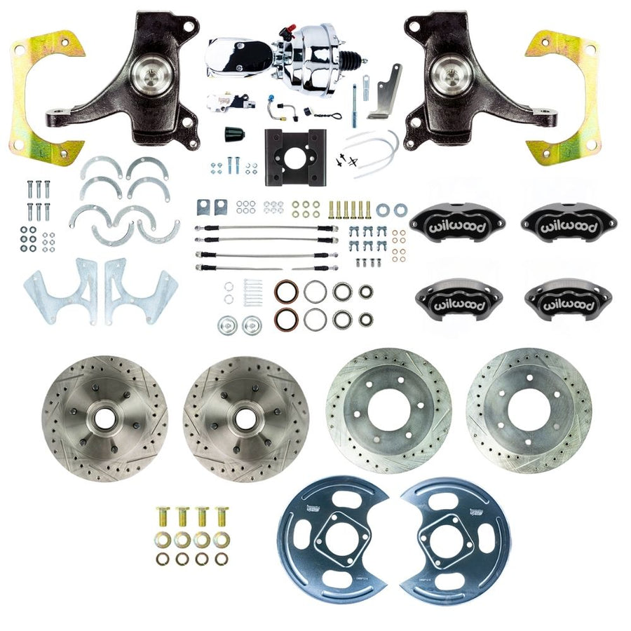 The Right Stuff 1963-66 GM/Chevy C10/15 Truck 2WD, 2" Drop Performance Series Power 4-Wheel Disc, Black Wilwood Calipers, Drilled and Slotted Rotors, Stainless Hoses, and Chrome Booster Master Assembly 6x5.5 - (TDC6356DBXP)