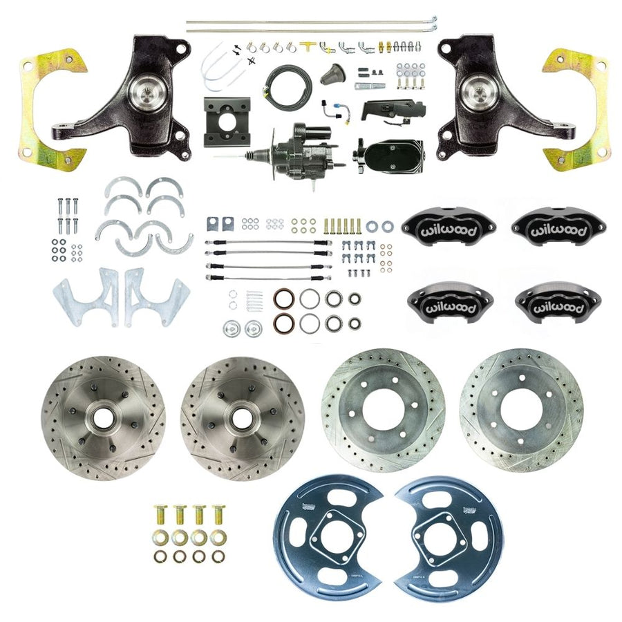 The Right Stuff 1963-66 GM/Chevy C10/C15 Truck/Sub 2" Drop Performance Series Hydraulic Brake Assist 4-Wheel Disc Kit, Black Wilwood Calipers, Drilled and Slotted Rotors, Stainless Hoses Black Upper Assembly - (THB6356DBYP)
