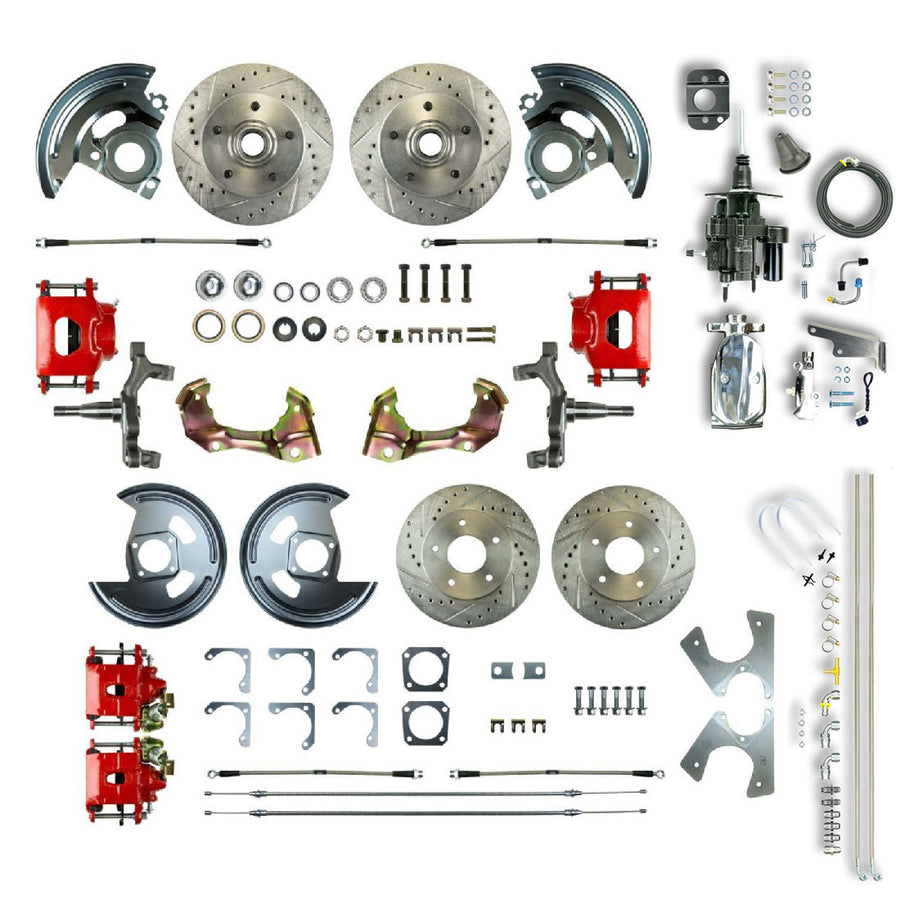 The Right Stuff 64-72 GM A-Body Hydraulic Brake Assist, 2" Drop, 4-Wheel Disc Kit Red Calipers Chrome Upper - (AFXHB41DZX)