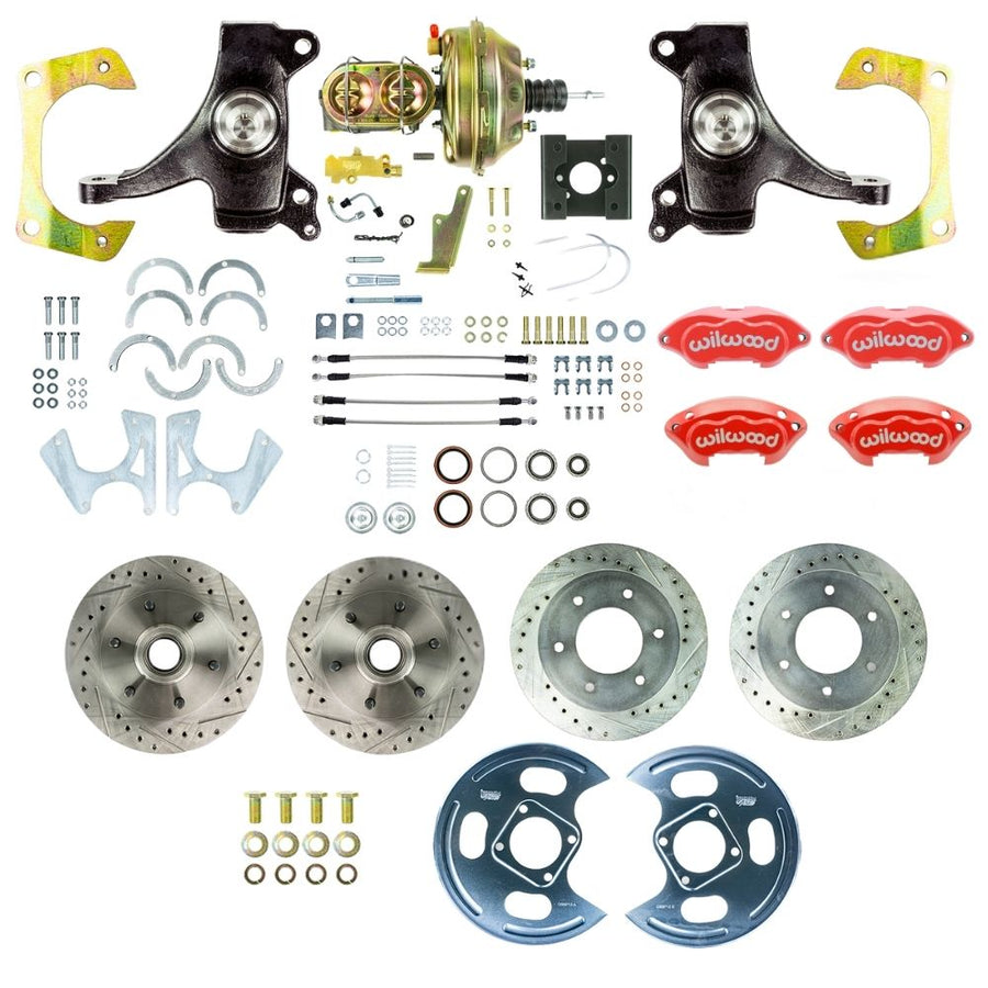 The Right Stuff 1963-66 GM/Chevy C10/C15 Truck/Suburban 2" Drop, Performance Series Power 4-Wheel Disc Kit, Red Wilwood Calipers, Drilled and Slotted Rotors, and Braided Stainless Hoses 6x5.5 Bolt Pattern - (TDC6356DZP)