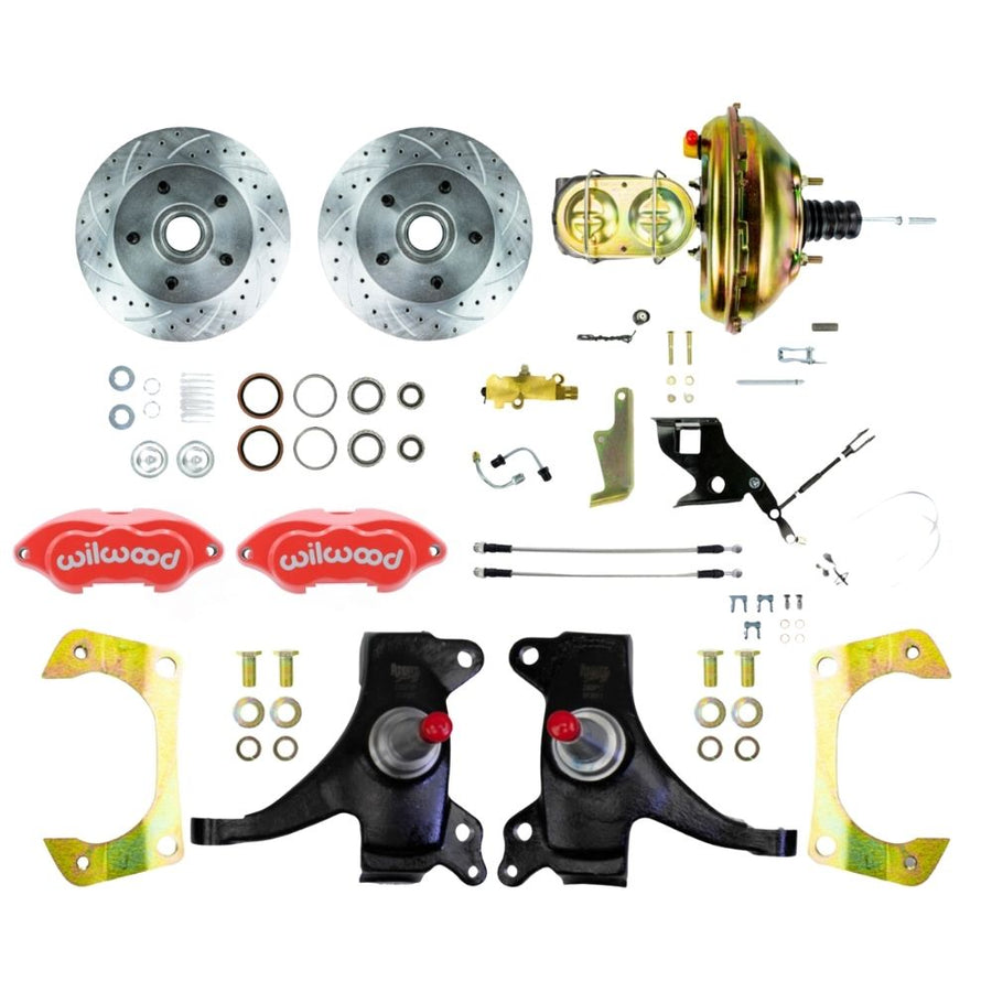 The Right Stuff 1971-72 GM C10/15 Truck/Suburban, 2" Drop Performance Series Power Front Disc Brake Kit with Red Wilwood Calipers, Drilled and Slotted Rotors, and Braided Stainless Hoses - (TDC7125DZP)