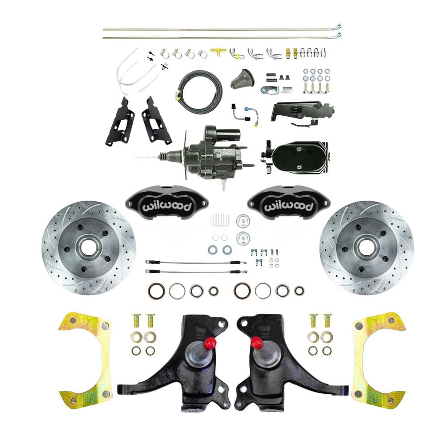 The Right Stuff 1973-87 GM C10/C15 Truck/Suburban, 2WD, 2" Drop Performance Series Black Hydraulic Brake Assist Disc Kit, with Black Wilwood Calipers, Drilled and Slotted Rotors, Stainless Hoses, Black Upper Assembly - (THB7325DBYP)