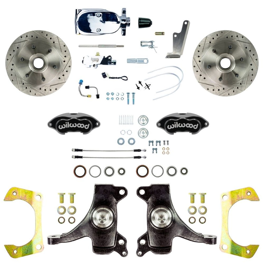 The Right Stuff 1960-62 Chevy/GMC Truck/Suburban Performance Series 2" Drop, Standard Front Disc Brake Conv Kit, Black Wilwood Calipers, Drilled and Slotted Rotors, Stainless Hoses, and Chrome Booster Master Assembly - (TSD6016DBXP)