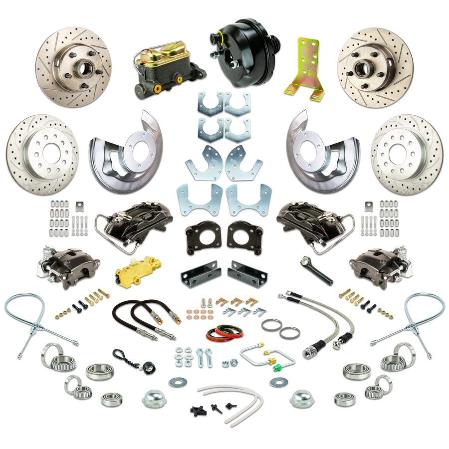 The Right Stuff 1964-66 Ford Power 4 Wheel Disc Conv Kit, with Small Ford 9" or 8" Rear End, Drilled/Slotted Rotors, Black Calipers - (ZDC6455S)
