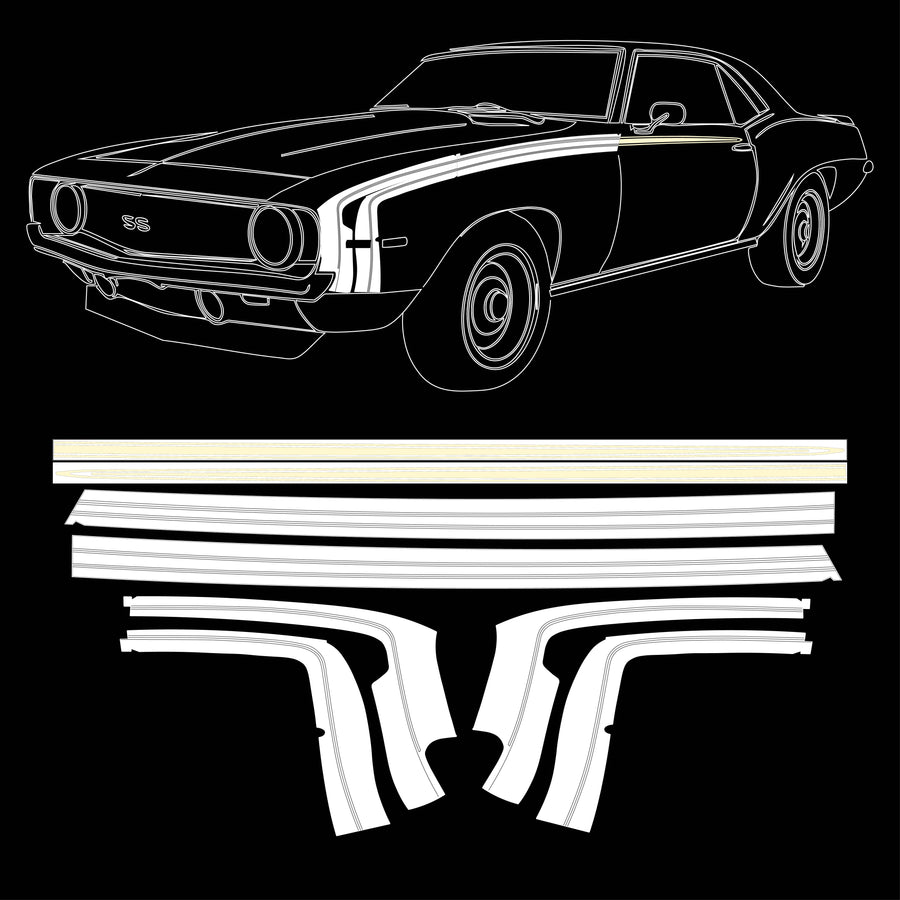 Trim Parts 1969 Camaro SS Stencil and White Vinyl Hockey Stick Stripe Kit - (TPG-6734)