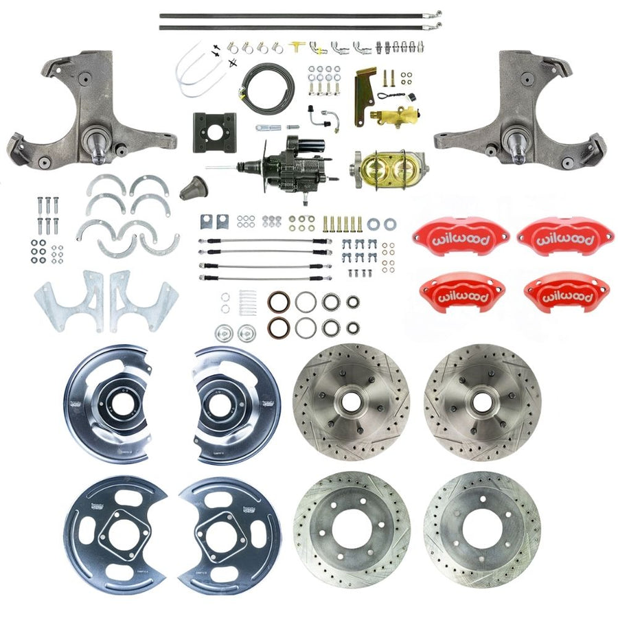 The Right Stuff 1963-66 GM/Chevy C10/C15 Truck/Suburban 2WD, Performance Series Hydraulic Brake Assist 4-Wheel Disc Brake Kit, Red Wilwood Caliper, Drilled and Slotted Rotors, and Braided Stainless Hoses 6x5.5 - (THB6356ZP)