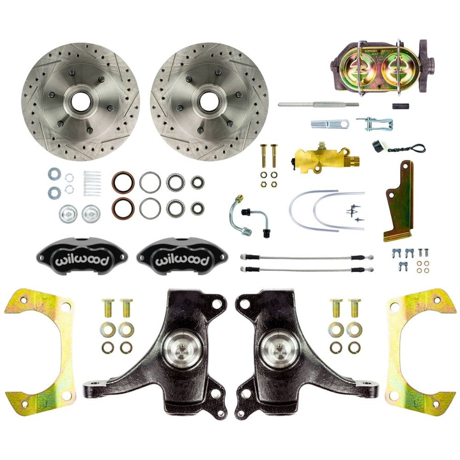 The Right Stuff 1963-70 Chevy/GMC Truck/Suburban, 2" Drop Manual Front Disc Brake Kit with Black Wilwood Calipers, Drilled and Slotted Rotors, and Braided Stainless Hoses, 6 Lug - (TSD6316DBP)