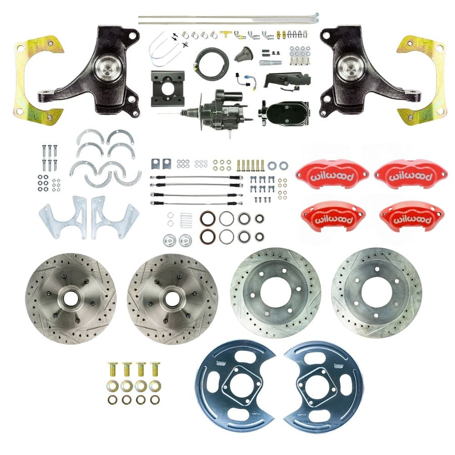 The Right Stuff 1963-66 GM/Chevy C10/15 Truck/Suburban 2" Drop Performance Series Hydraulic Brake Assist 4-Wheel Brakes, Red Wilwood Calipers, Drilled and Slotted Rotors, Stainless Hoses Black Upper Assembly - (THB6356DZYP)