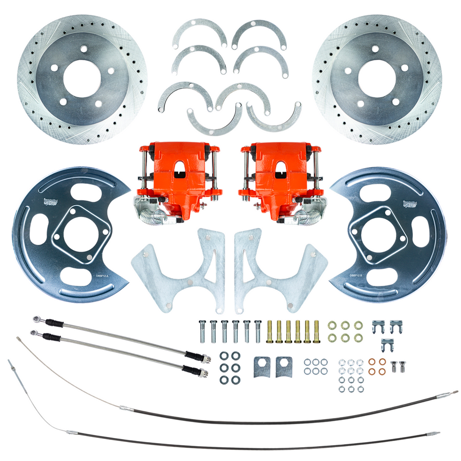The Right Stuff 1973-1987 Chevy/GMC Truck Rear Disc Brake Conversion Kit, with Red Calipers, Drilled and Slotted Rotors, Backing Plates and E-brake Cables, 5 Lug - (TRD4845Z)