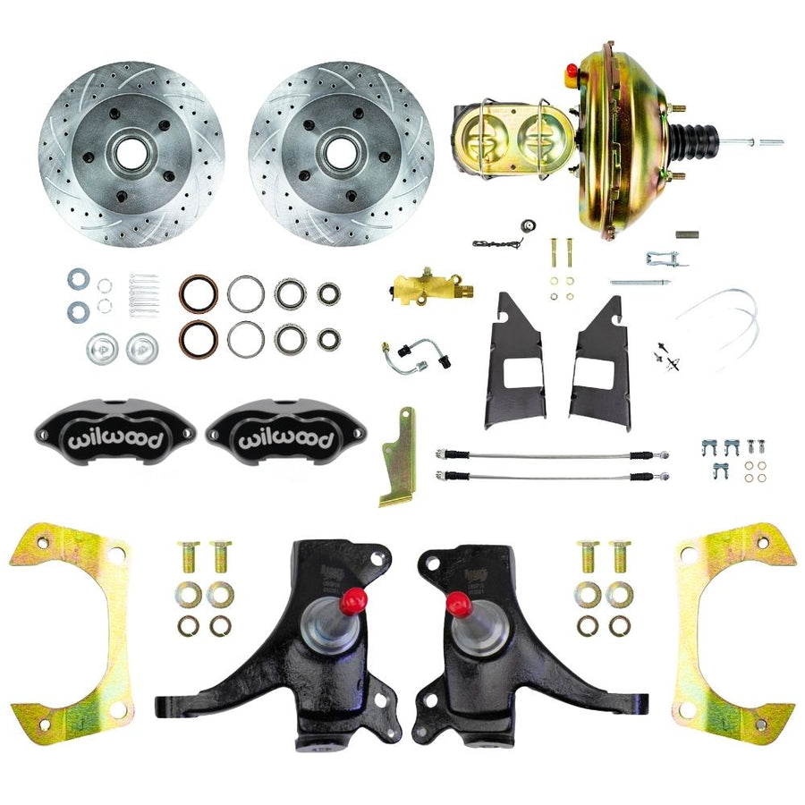 The Right Stuff 1973-87 GM C10/C15 Truck/Suburban, 2WD, 2" Drop Performance Series Power Front Disc Brake Kit, with Black Wilwood Calipers, Drilled and Slotted Rotors, and Braided Stainless Hoses - (TDC7325DBP)