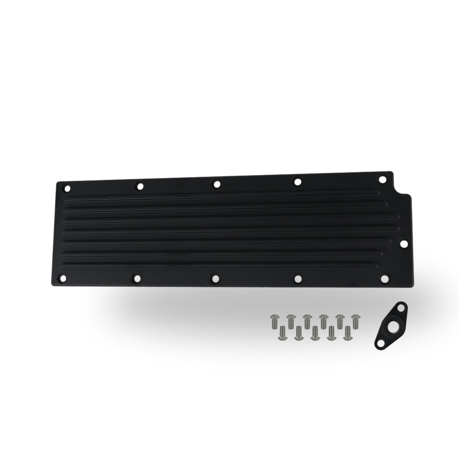 The Right Stuff Gen 4 LS Valley Cover with Oil Pressure Sensor Adapter, Finned, Black Anodized - (G4LSVCF2-B-K)