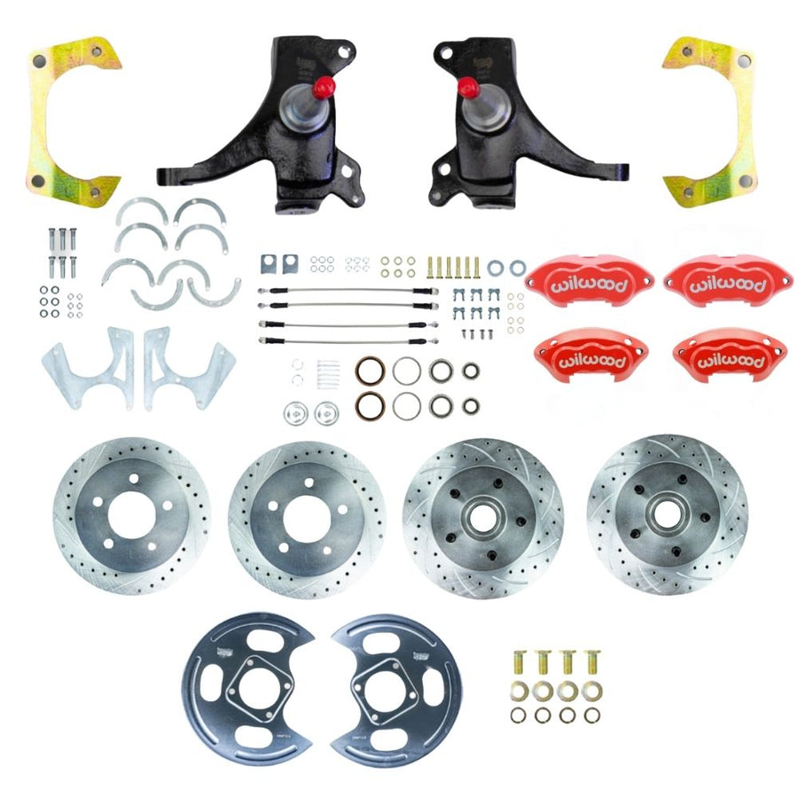 The Right Stuff 1973-87 GM C10/C15 Truck/Suburban 2WD 2" Drop Performance Series 4-Wheel "At The Wheel" Disc Brake Kit with Red Wilwood Calipers, Drilled and Slotted Rotors, and Braided Stainless Hoses - (TWK7355DZP)