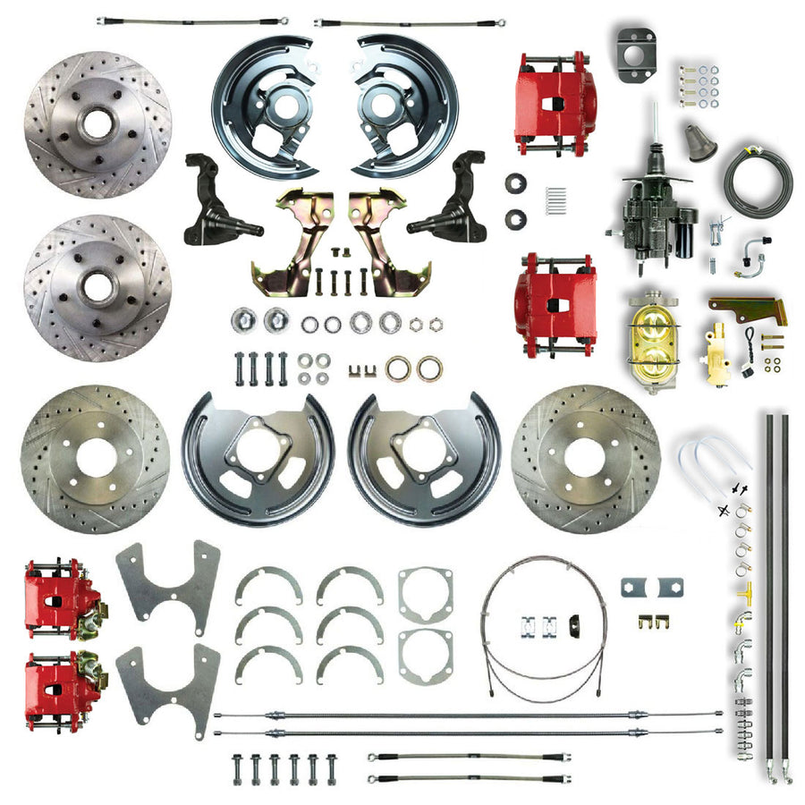 The Right Stuff 67-74 GM A/F/X-Body Staggered 4- Wheel Hydraulic Brake Assist 2"Drop Disc Conv Red Calipers - (AFXHB45DZ)