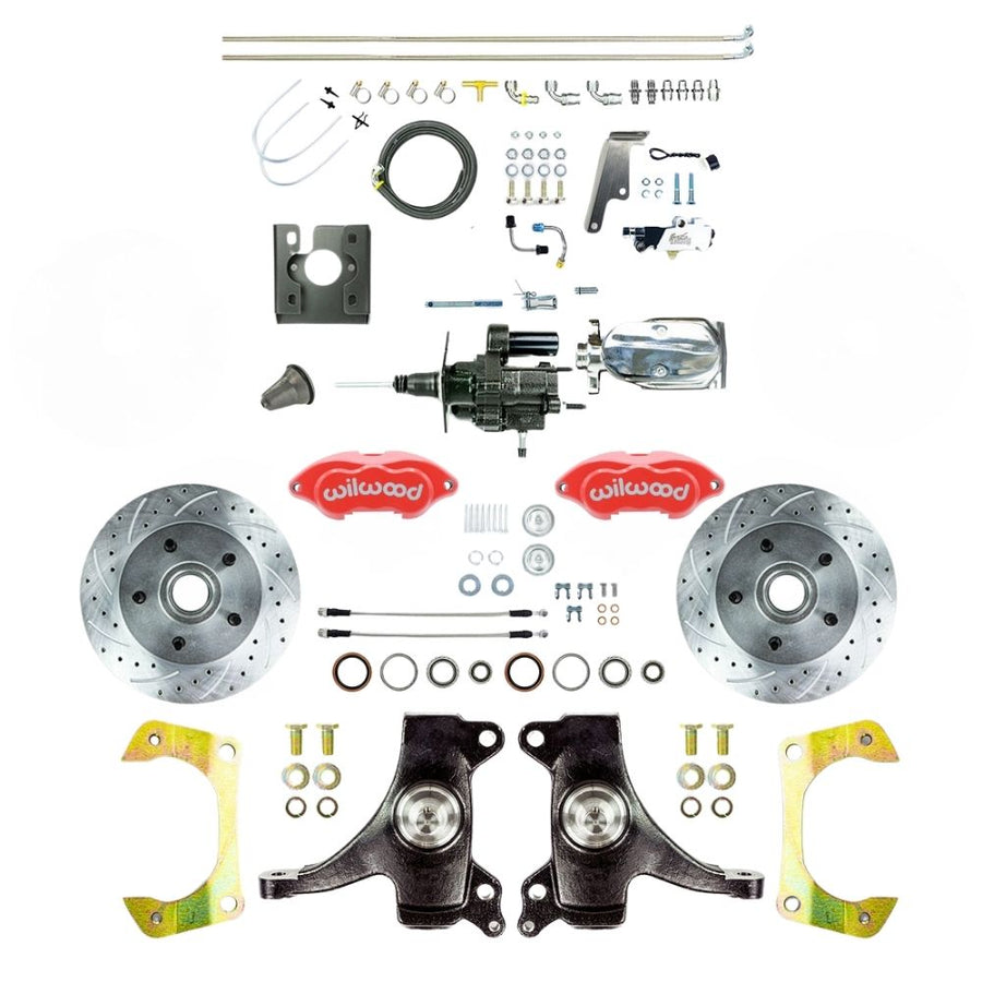 The Right Stuff 67-70 GM C10/15 Truck/Suburban, 2" Drop, Hydraulic Brake Assist Performance Series Front Disc Kit, Red Wilwood Calipers, Drilled and Slotted Rotors, Stainless Hoses, Chrome Upper Assembly 5x5 - (THB6725DZXP)