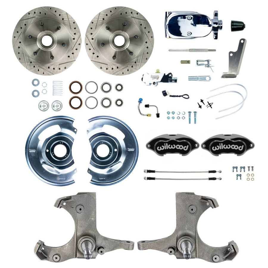 The Right Stuff 1963-70 Chevy/GMC Truck/Suburban, Manual Front Disc Brake Kit with Black Wilwood Calipers, Drilled and Slotted Rotors, Braided Stainless Hoses, and Chrome Booster Master Assembly, 6 Lug - (TSD6316BXP)