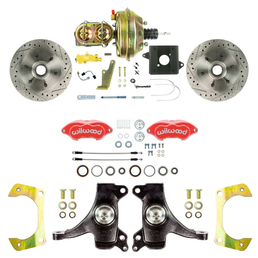 The Right Stuff 1960-62 Chevy/GMC Performance Series 2" Drop, Power Front Disc Brake Conversion with Red Wilwood Calipers, Drilled and Slotted Rotors, and Braided Stainless Hoses - (TDC6016DZP)
