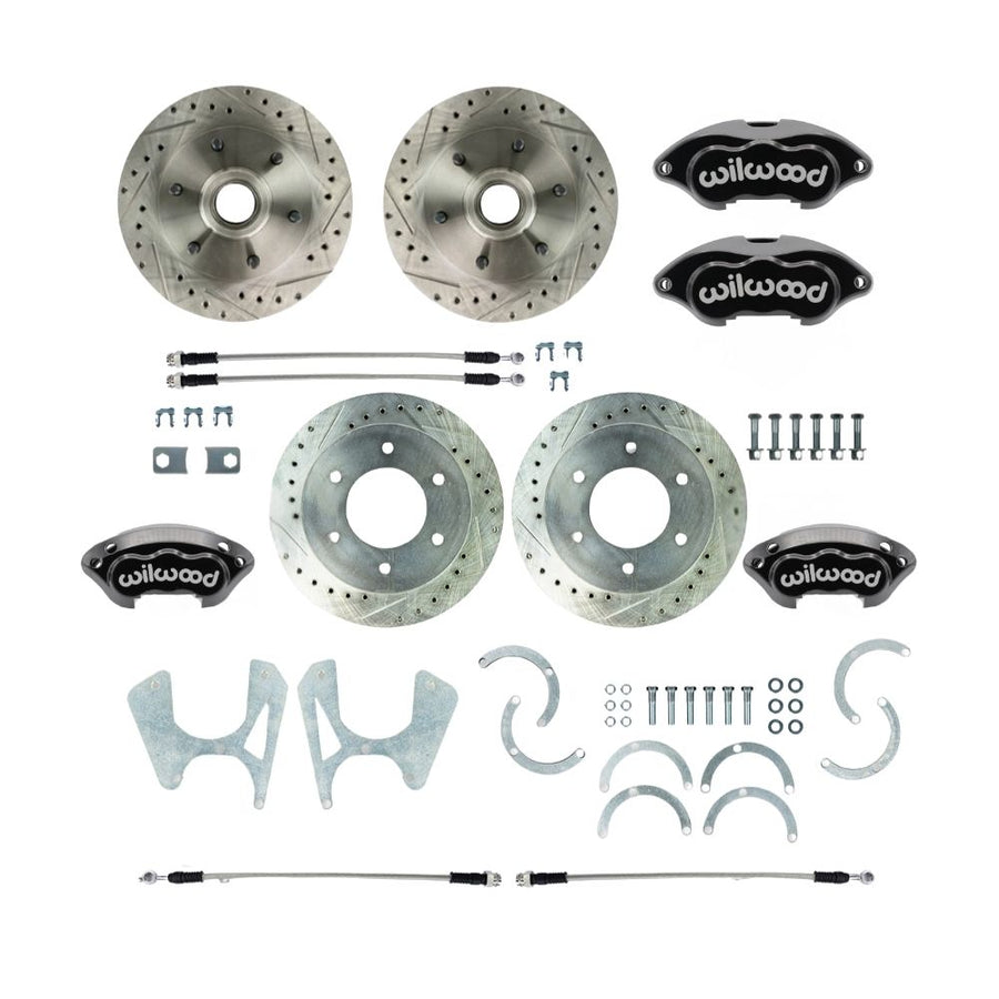 The Right Stuff 1963-70 C10 6 Lug Rear Disc Brake Conversion Kit with Matching Front Drilled and Slotted Rotors, Braided Stainless Hoses and Black Wilwood Calipers - (T63DC06BP)