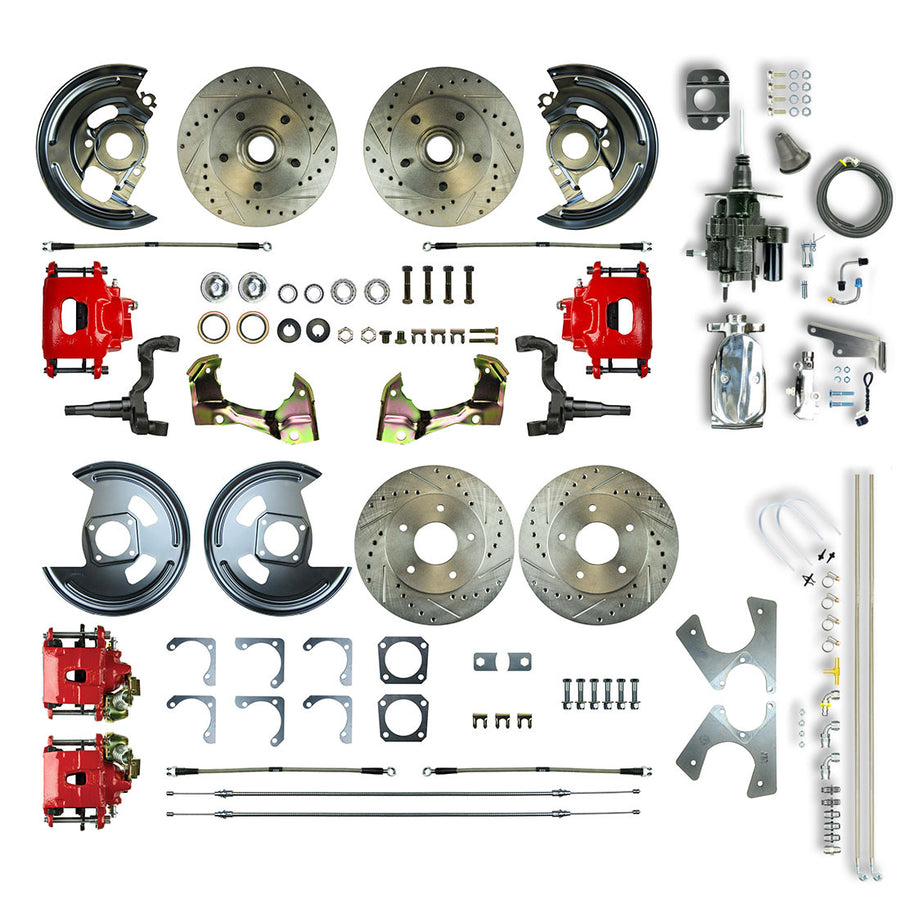 The Right Stuff 67 GM F-Body Non-Stag 4 Wheel Chrome Hydraulic Brake Assist Disc Brake Conv Red Calipers - (AFXHB42CZX)